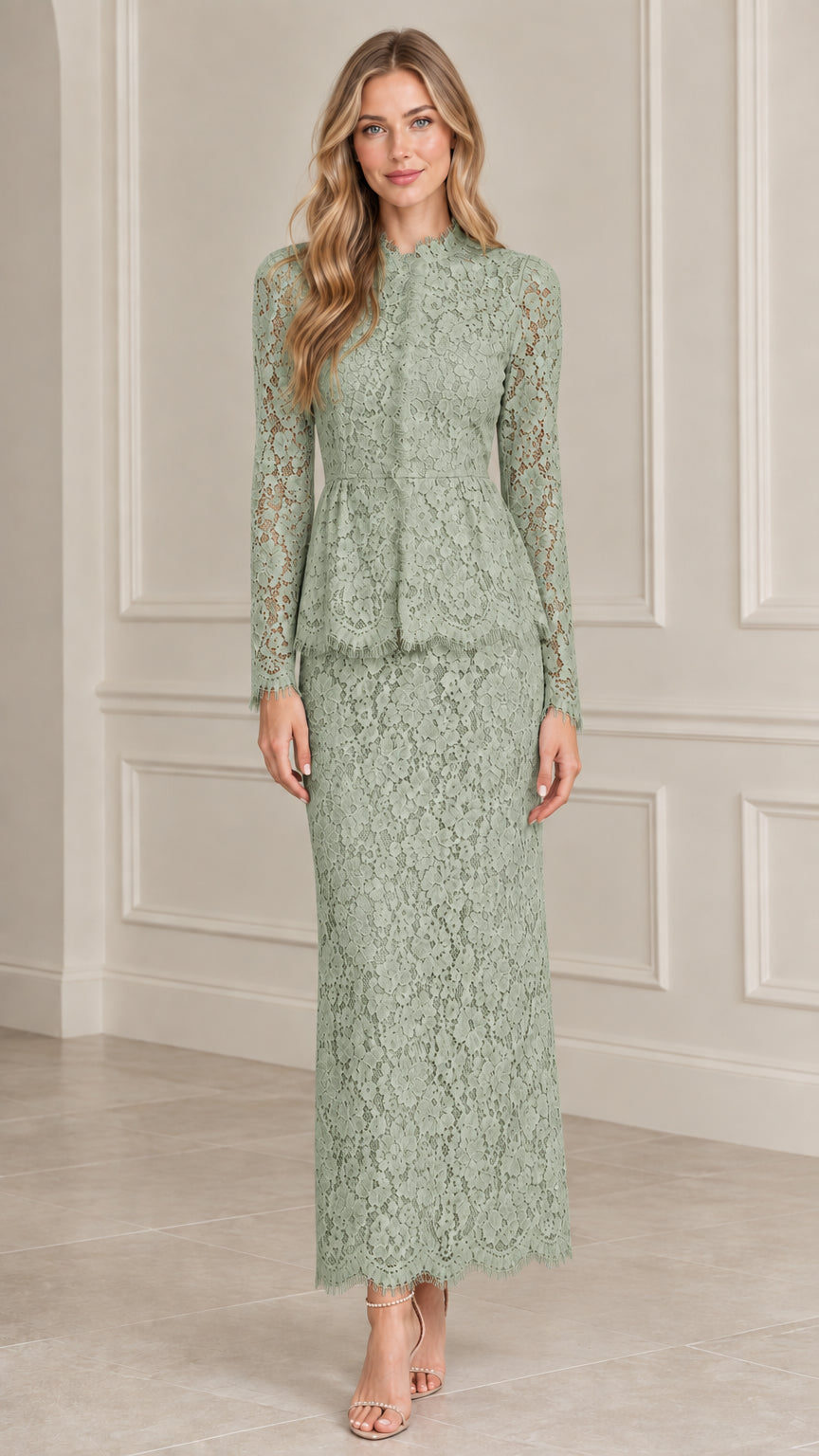 Front view of model wearing Sage Green floral lace peplum maxi dress