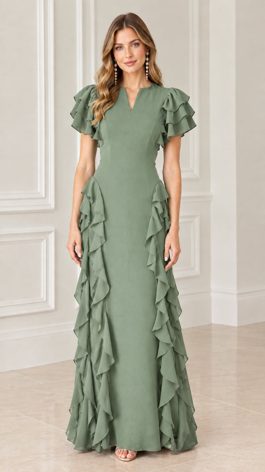Front view of model wearing sage green split V-neck ruffle formal gown