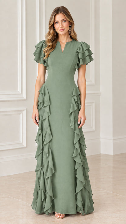 Front view of model wearing sage green split V-neck ruffle formal gown