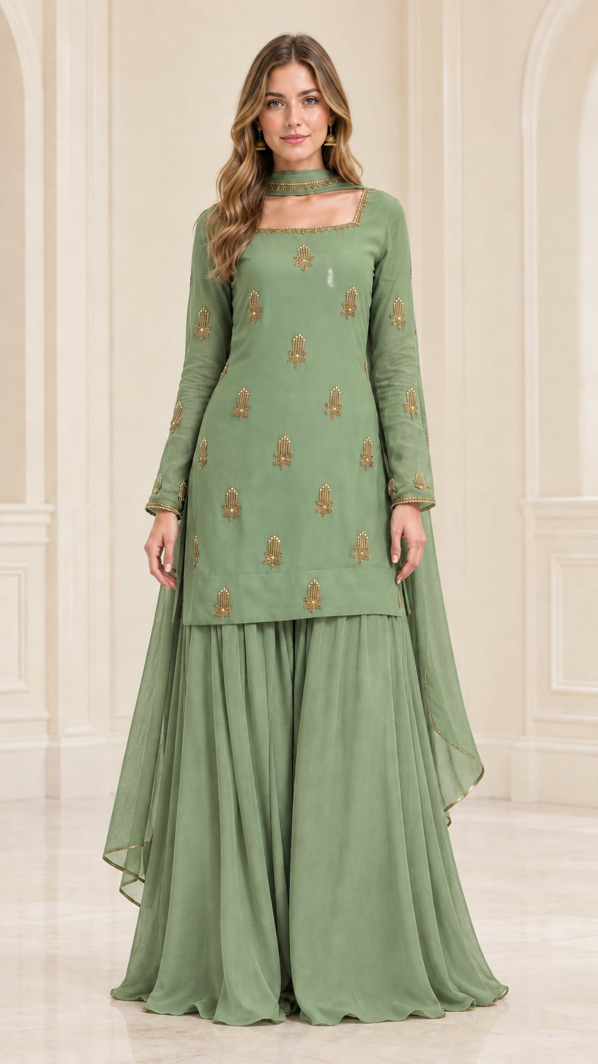 Model wearing sage green embroidered kurta sharara suit set
