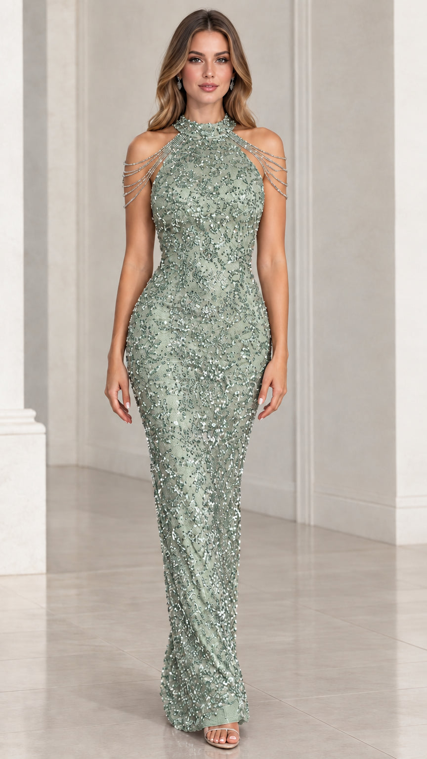 Sage green sequin halter maxi gown with draped shoulder chains