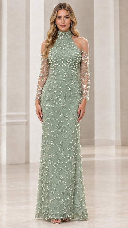 Sage green high-neck pearl embellished formal dress