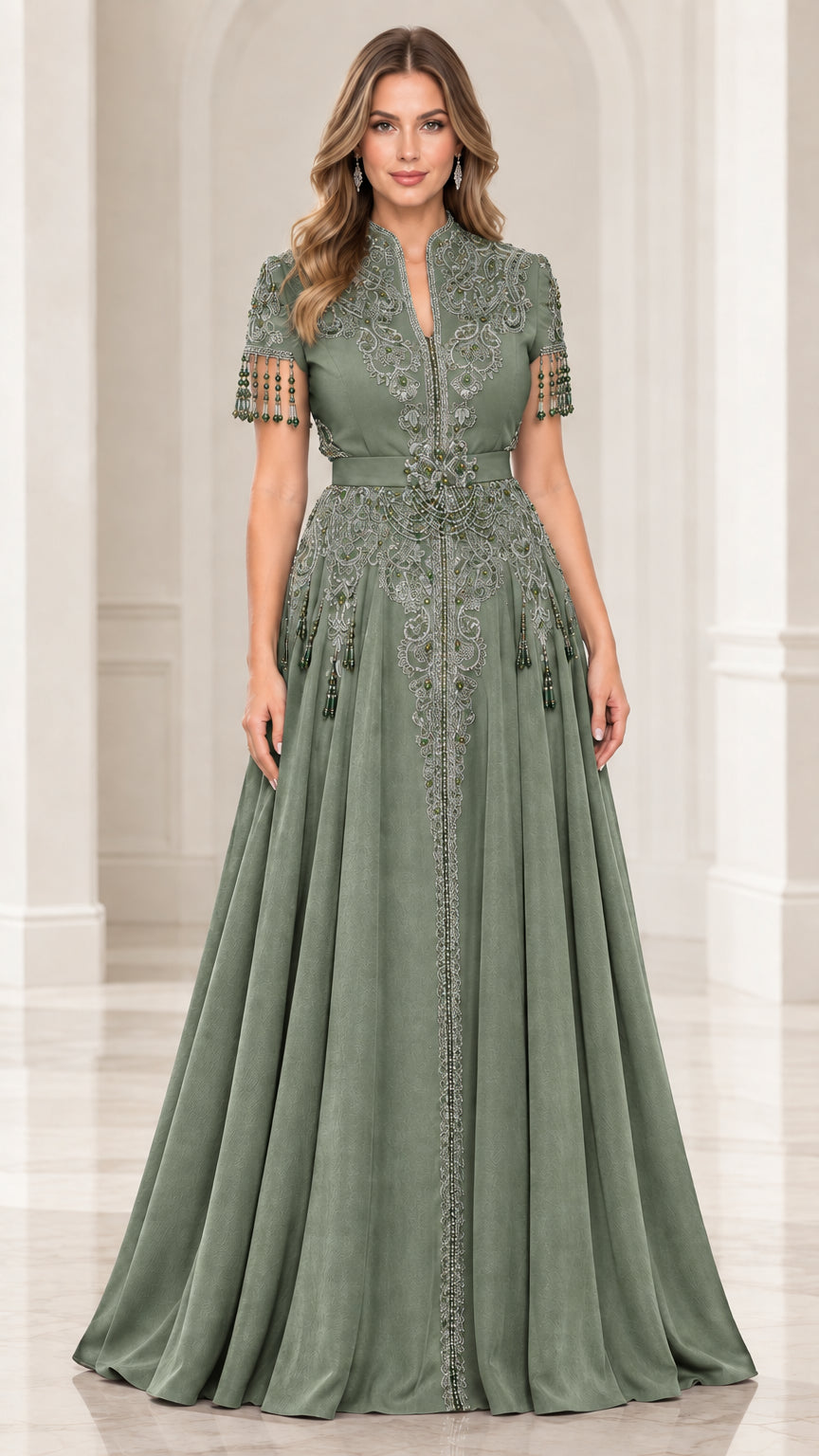 Sage green embellished evening gown with tassel sleeve trim