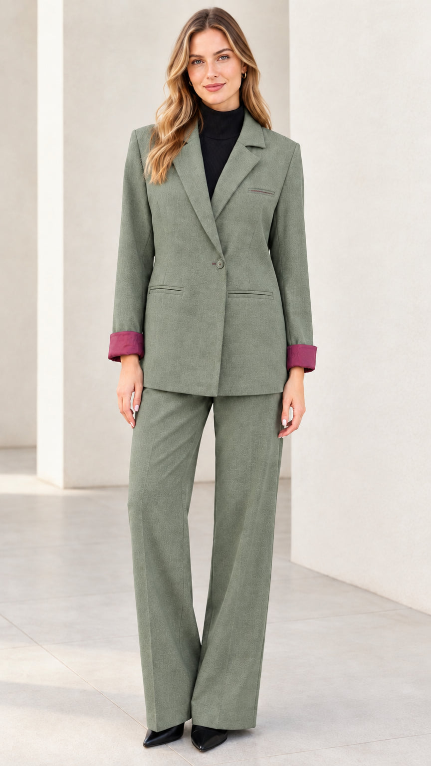 Front full view of women's sage green two-piece blazer and wide-leg pant suit set