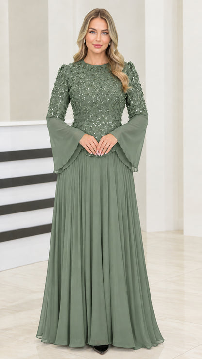 Front view of sage green sequin embellished long bell sleeve formal gown