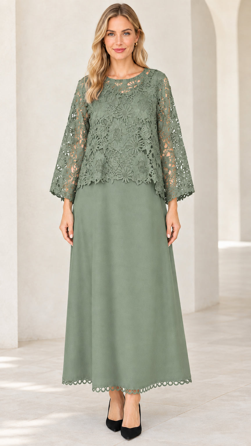 Front view of model wearing Sage Green floral lace overlay maxi dress