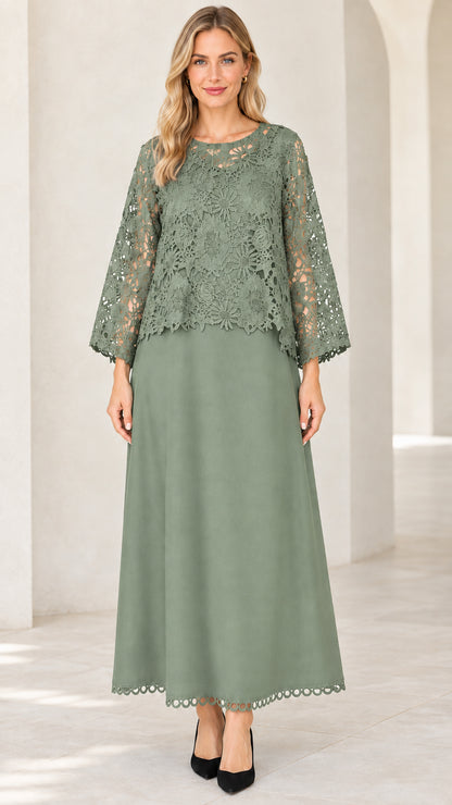 Front view of model wearing Sage Green floral lace overlay maxi dress