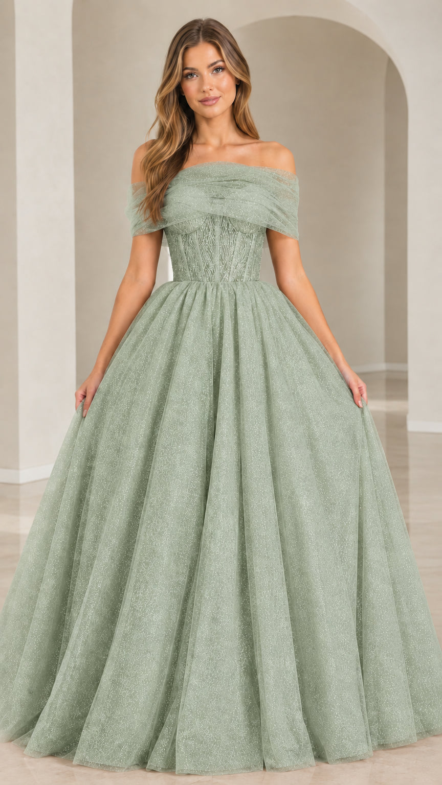 Model wearing Sage Green sparkling tulle corset evening dress