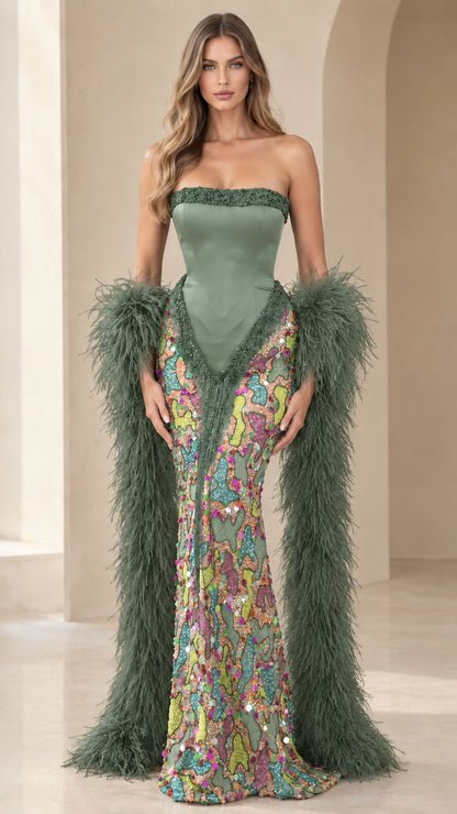 Sage green strapless corset sequin evening gown with sage feather stole