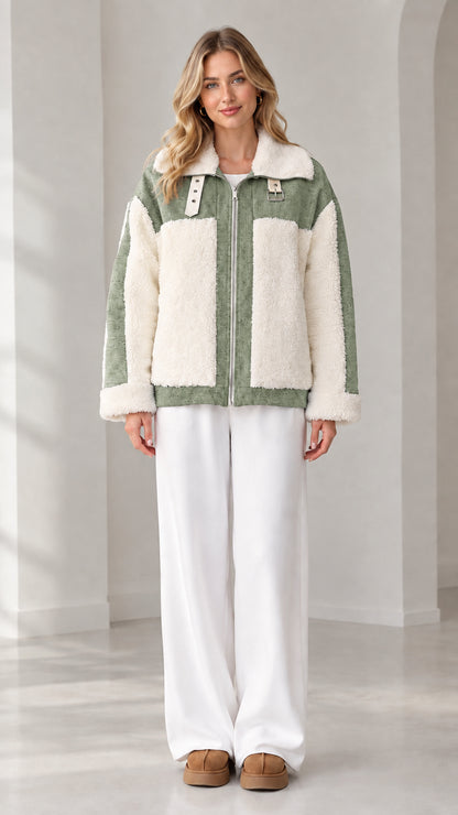 Front view of woman wearing sage green and cream colorblock sherpa fleece zip jacket
