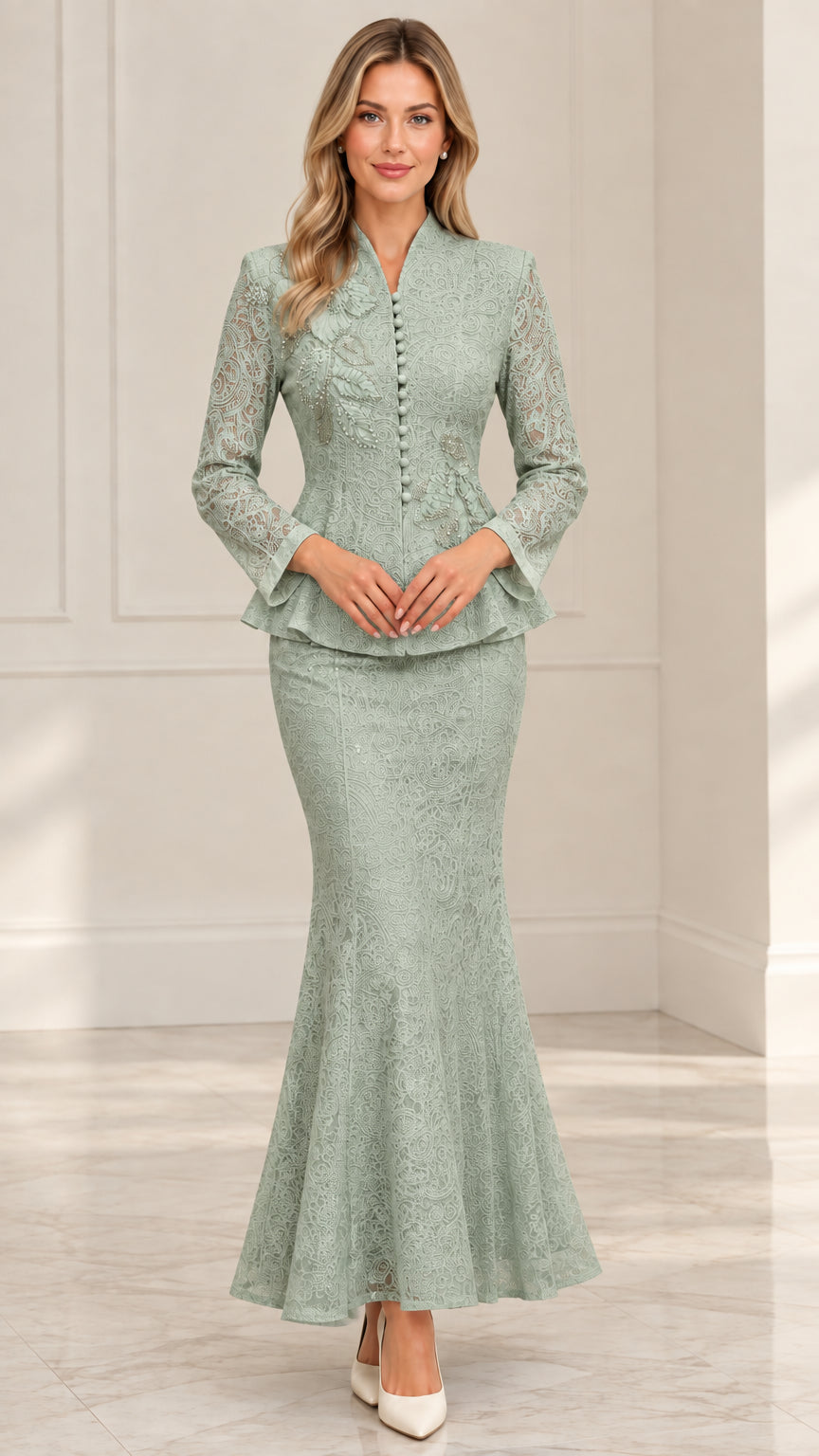 Front view of model wearing Sage Green lace peplum two-piece evening suit