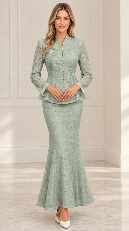 Front view of model wearing Sage Green lace peplum two-piece evening suit