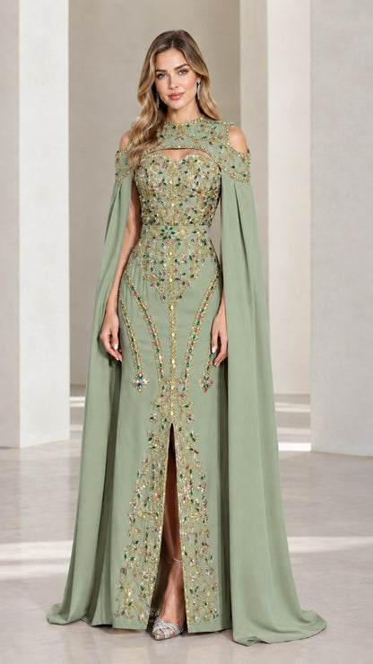 Sage green embellished cape evening gown front view