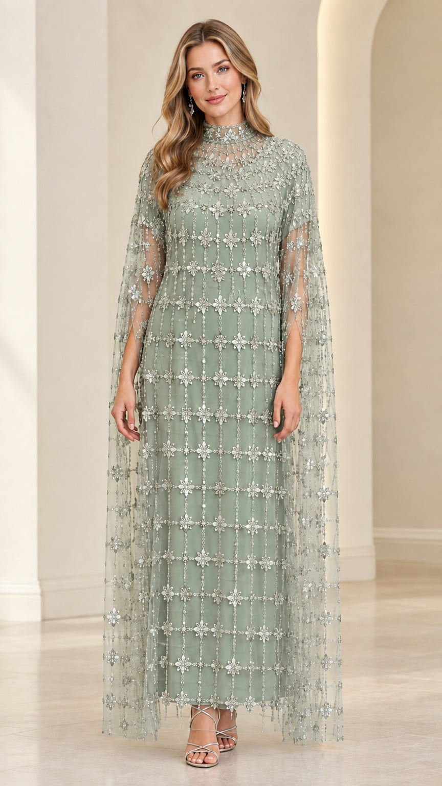 Front view of model in Sage Green beaded high-neck cape evening gown