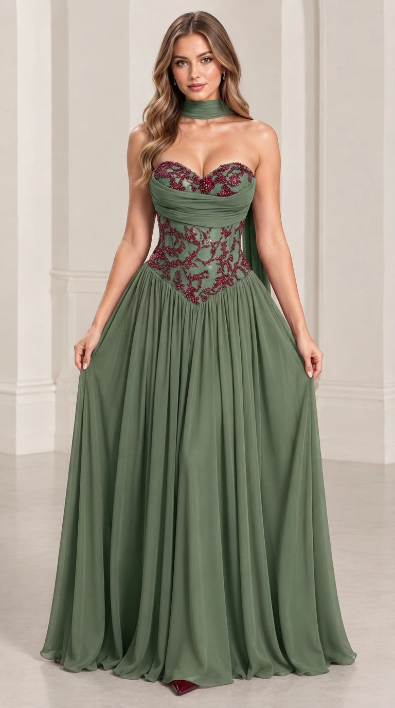 Front view of sage green strapless evening gown with floral beaded bodice