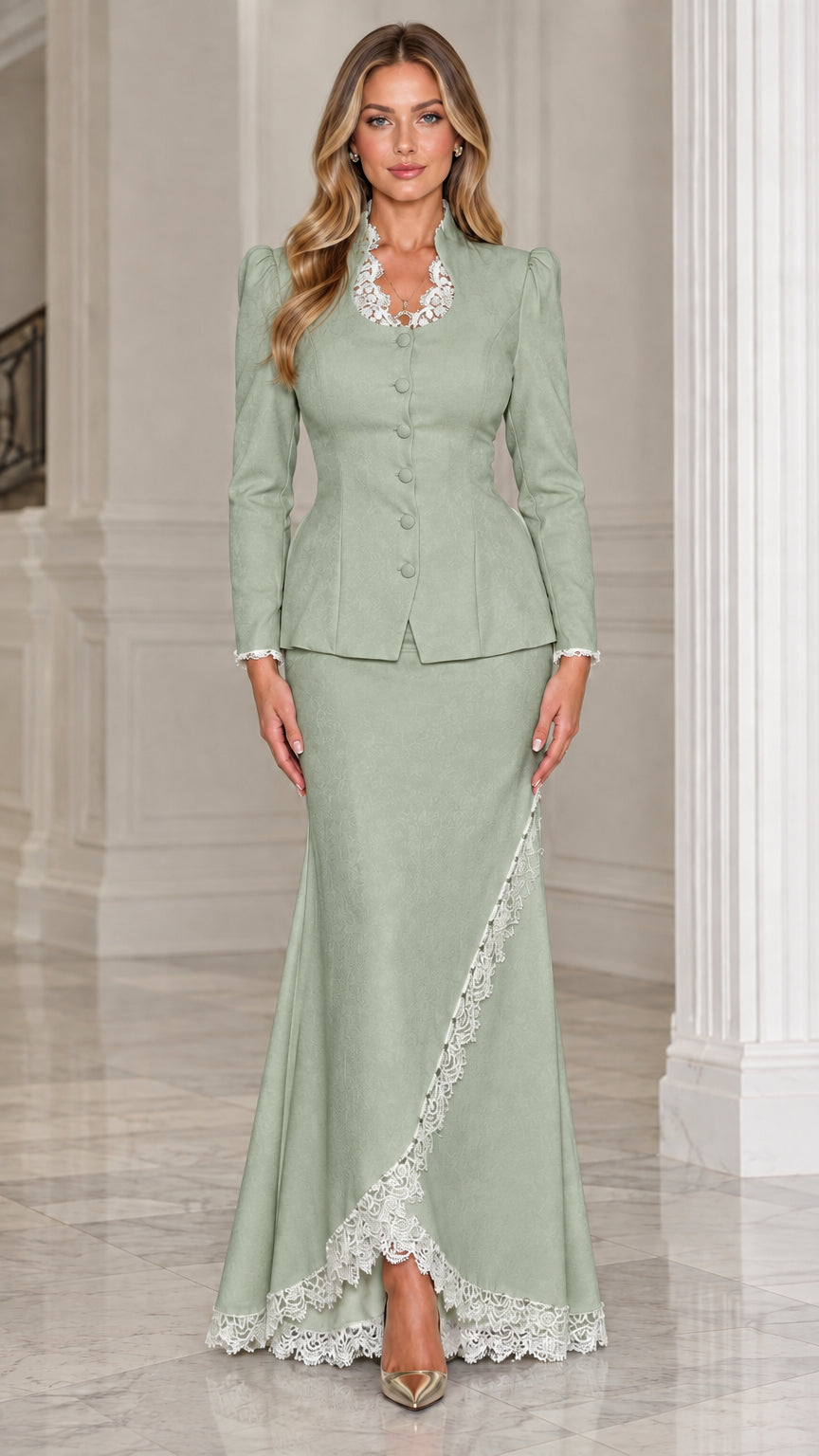 Front view of woman wearing sage green two-piece peplum skirt suit with lace trim