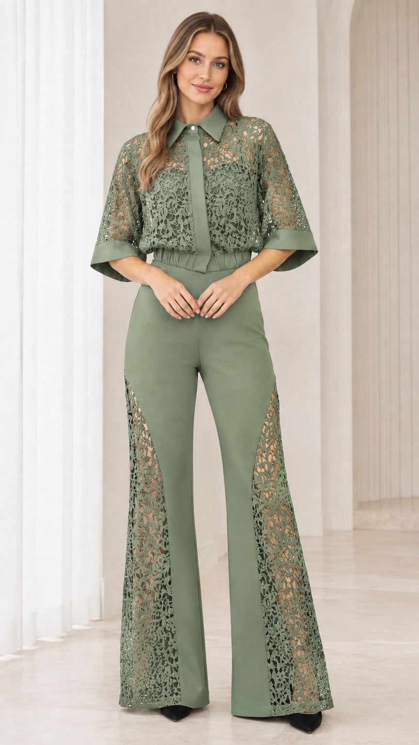 Front view of model wearing sage green floral lace flare jumpsuit
