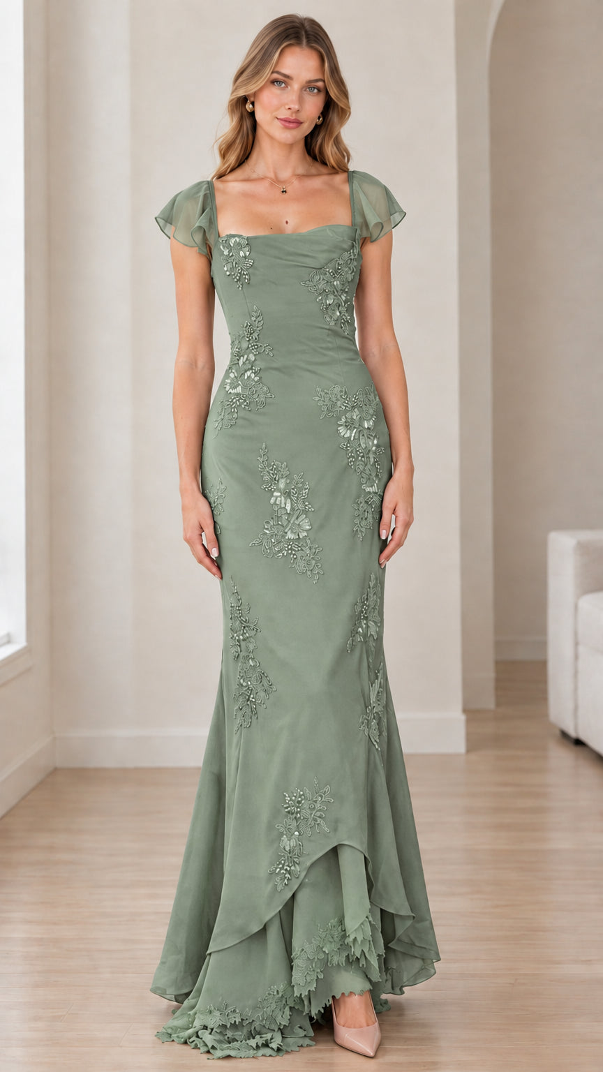 Front view of sage green beaded formal gown with flutter sleeves and tiered skirt