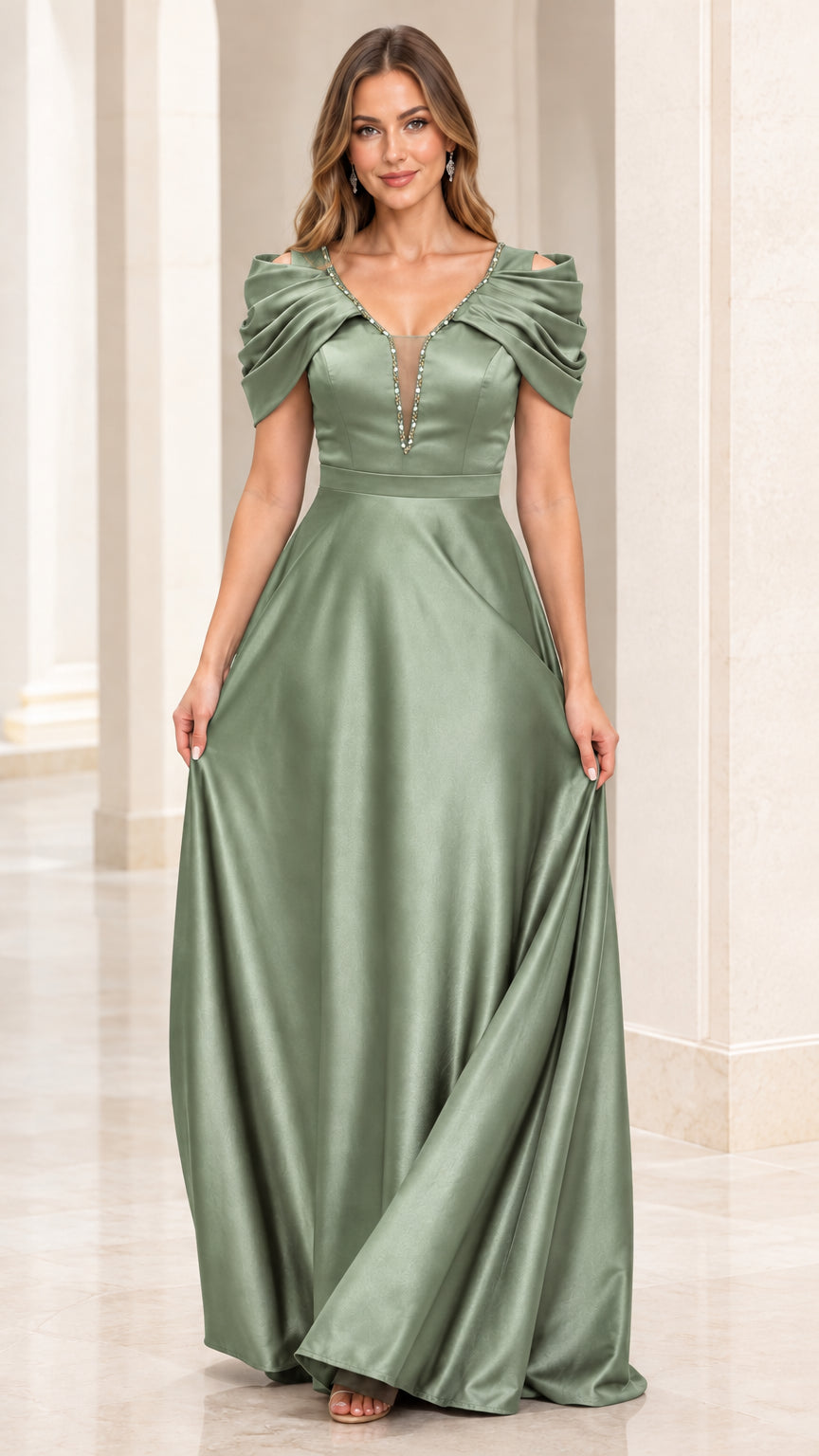 Front view of model wearing Sage Green A-line satin evening gown
