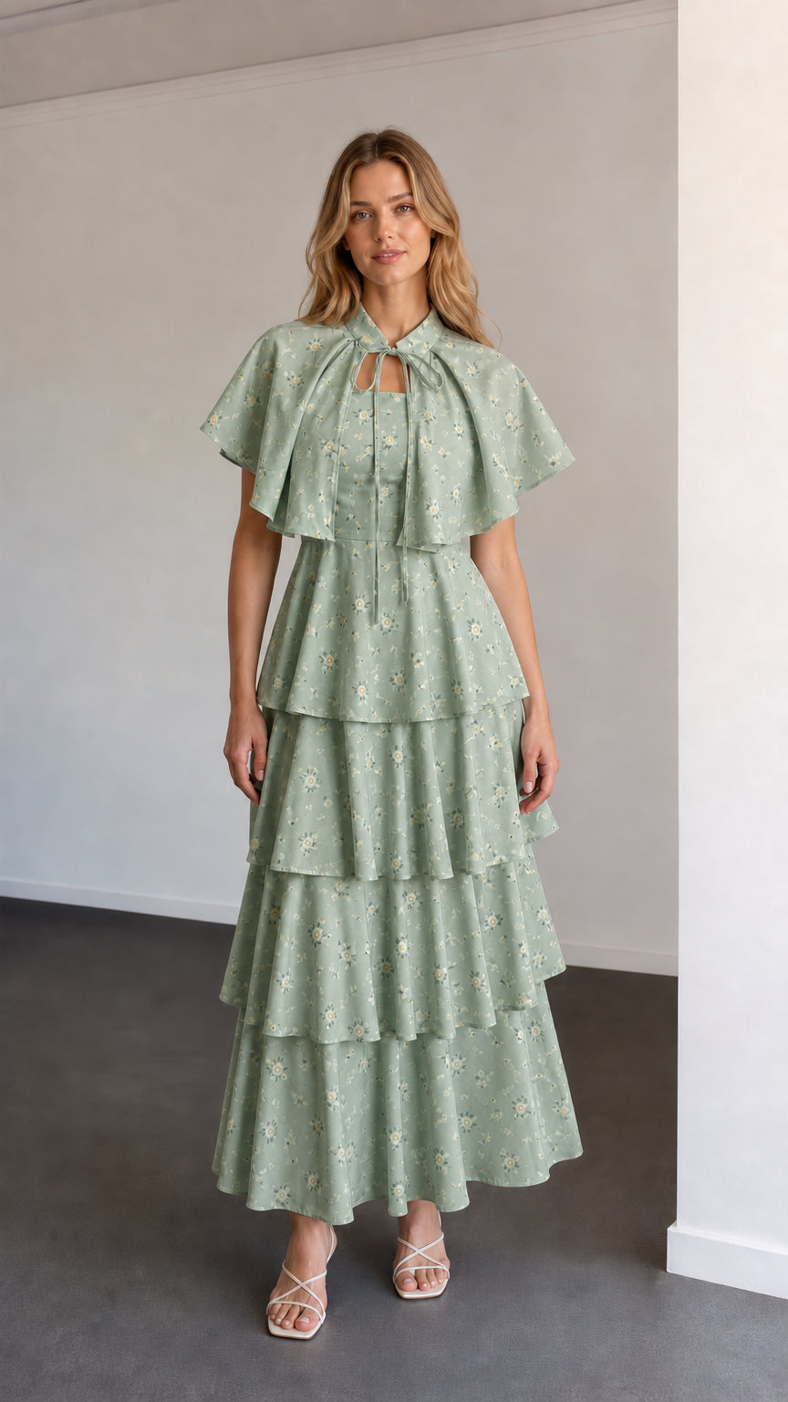 Full-length view of sage green floral capelet tiered maxi dress