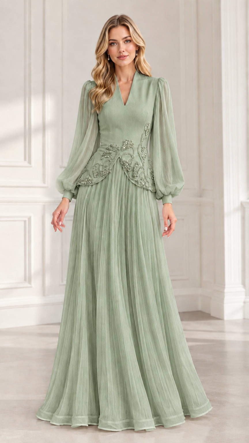 Sage green floor-length evening dress with sheer long sleeves and beaded waist overlay