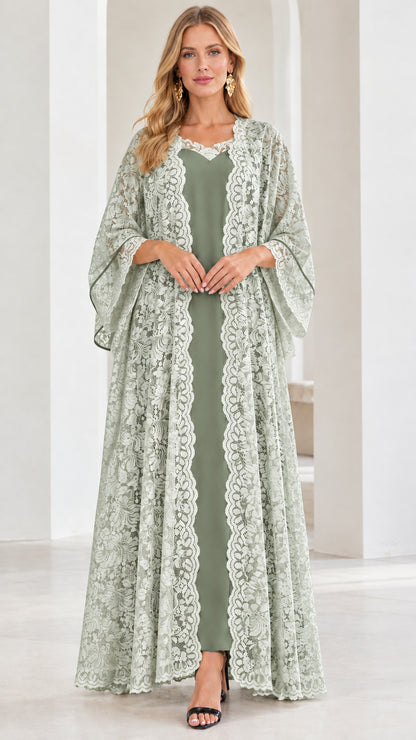 Model wearing sage green floral lace kimono duster and maxi dress set