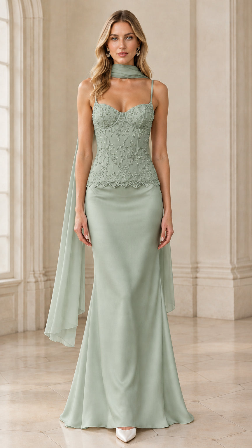 Model wearing sage green beaded lace corset satin evening dress