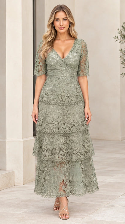 Sage green tiered floral lace maxi dress with V-neckline
