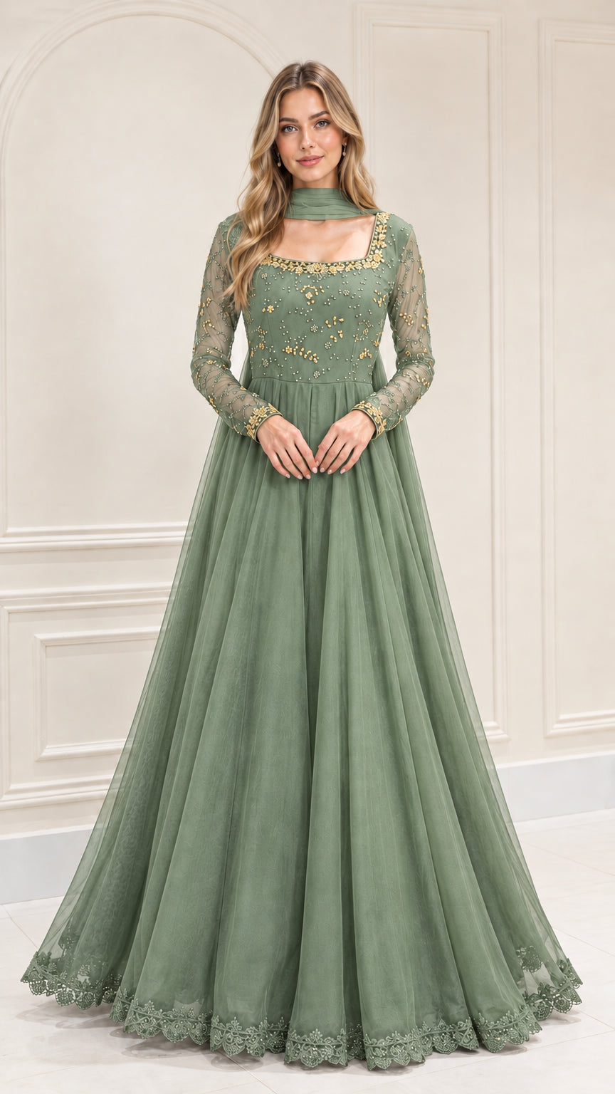 Sage green embroidered long sleeve tulle formal evening gown