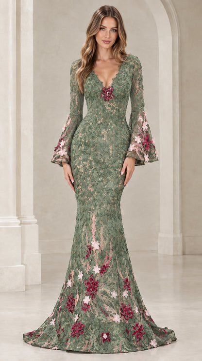 Sage Green embroidered lace mermaid formal gown with bell sleeves