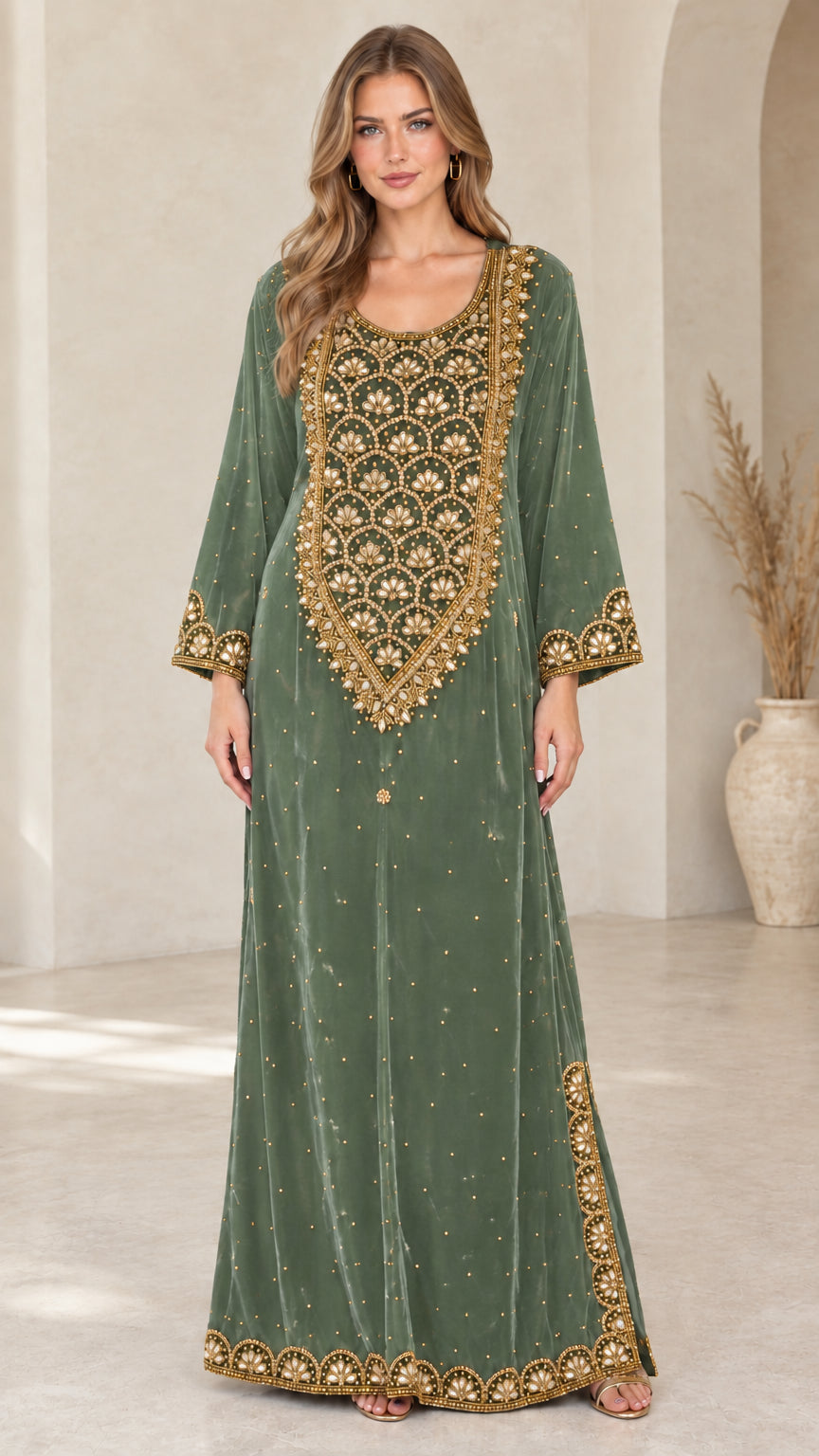 Sage green velvet embroidered kaftan maxi dress