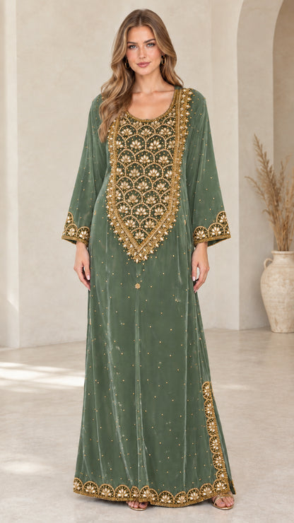 Sage green velvet embroidered kaftan maxi dress