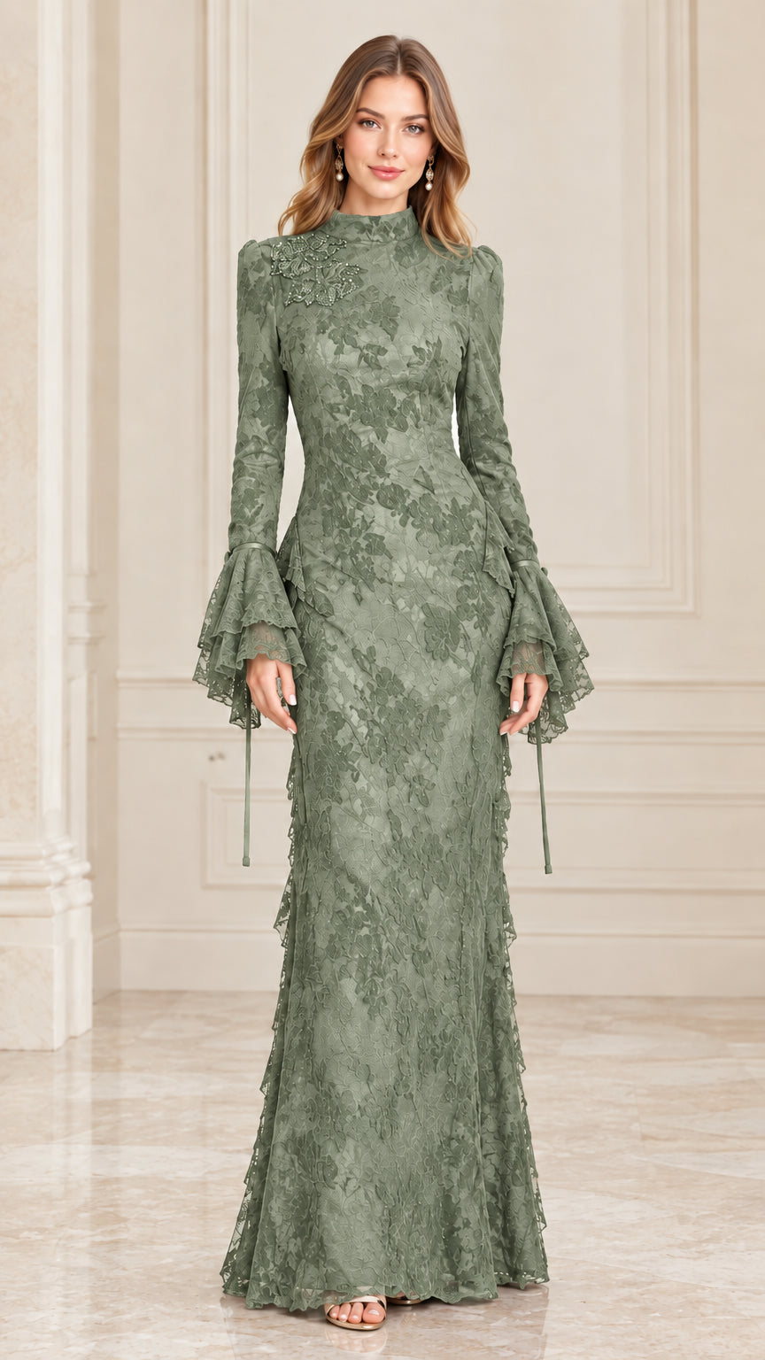 Sage green high-neck floral lace maxi dress with flared sleeves