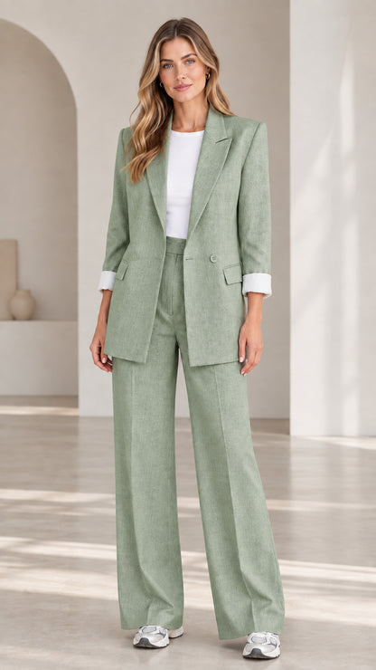 Full-length view of woman wearing Sage Green two-piece blazer and wide-leg pants suit set