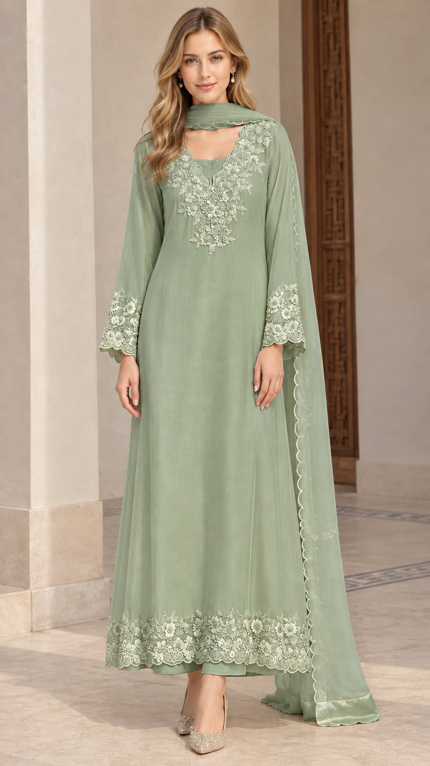 Front view of sage green embroidered long tunic set with trousers