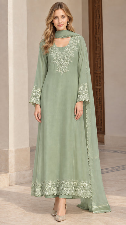 Front view of sage green embroidered long tunic set with trousers