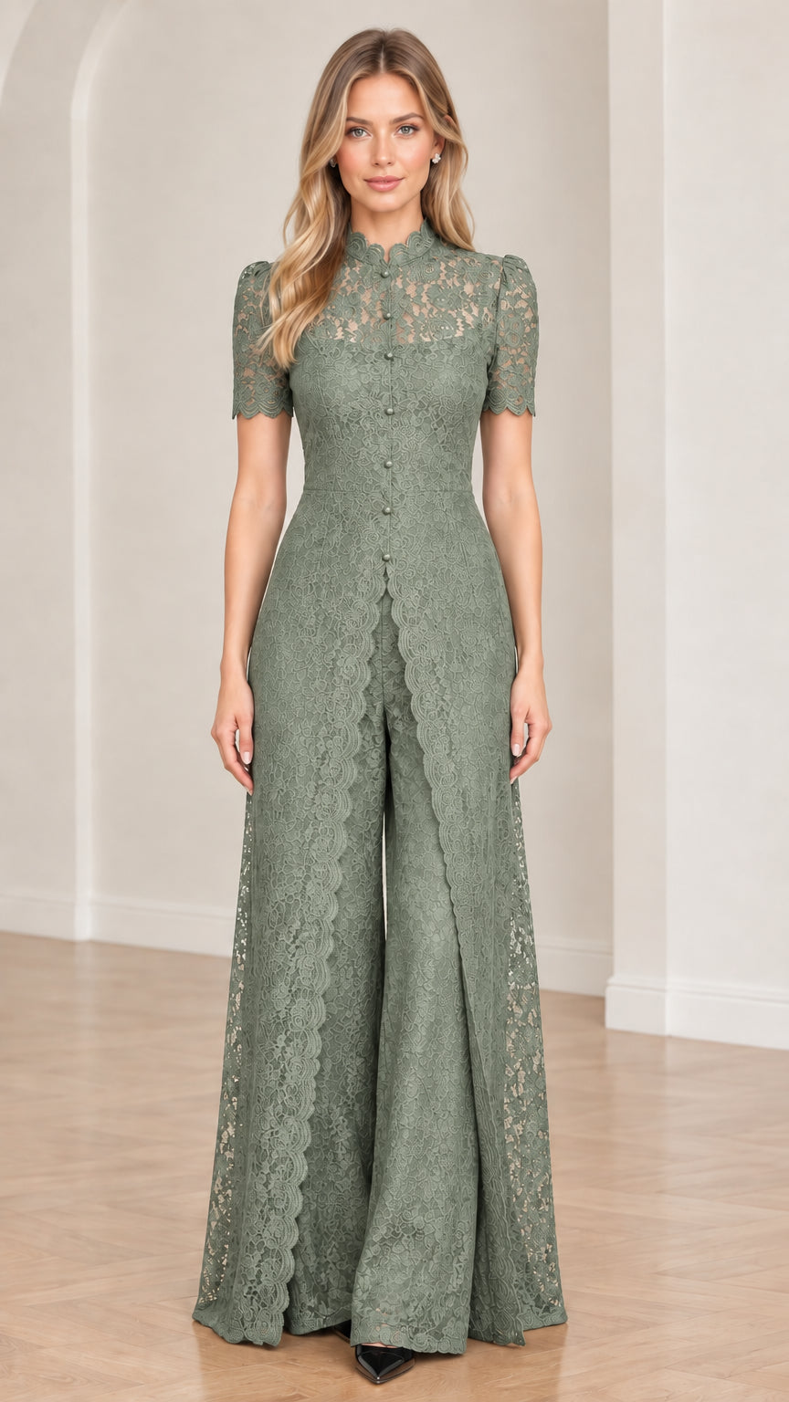 Sage green floral lace overlay wide-leg jumpsuit full-length front view