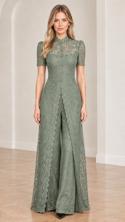 Sage green floral lace overlay wide-leg jumpsuit full-length front view
