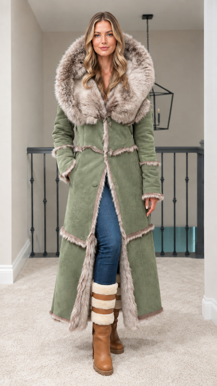 Full length sage green hooded faux suede maxi coat with faux fur accents