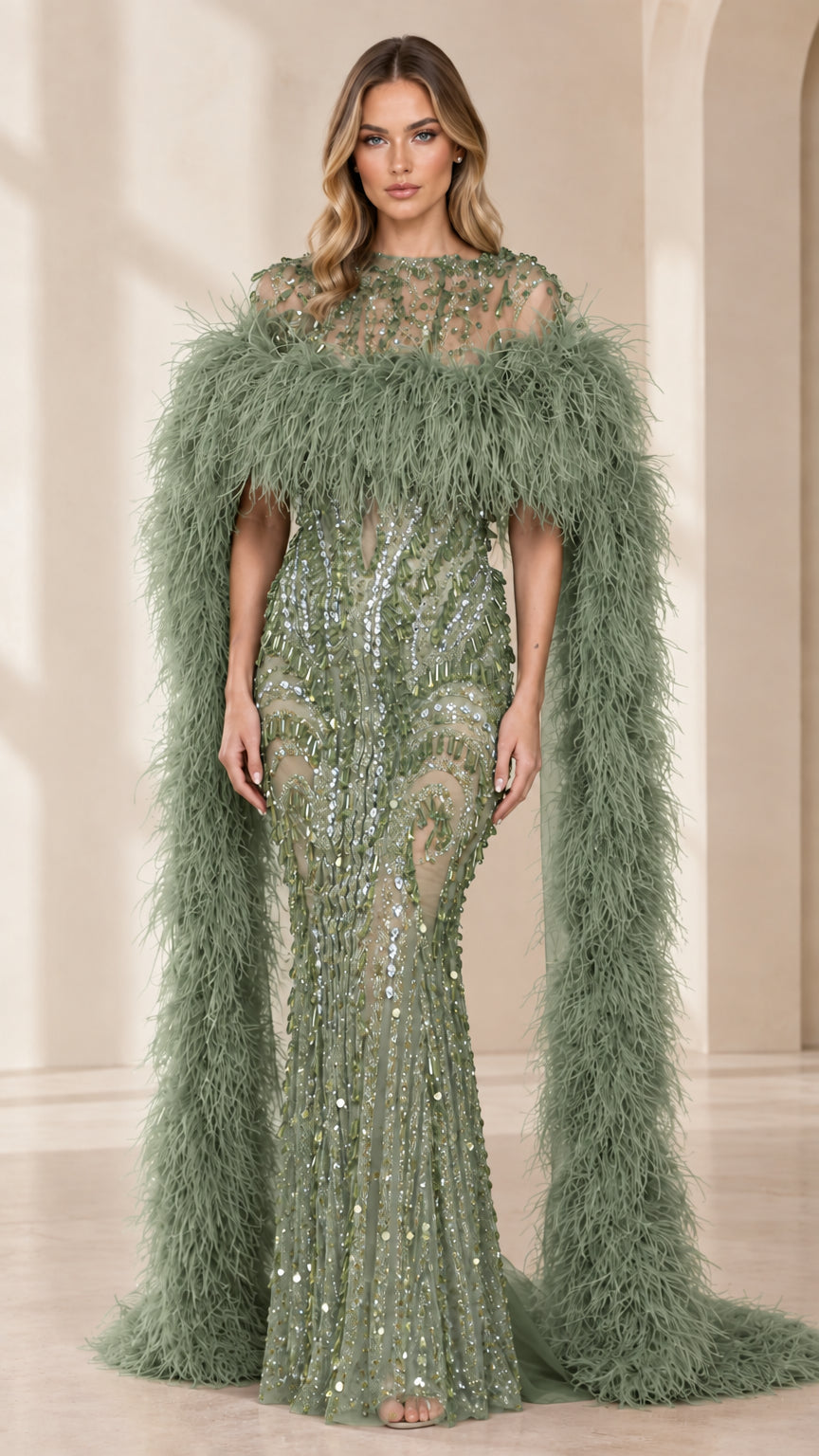 Full-length view of sage green embellished formal gown with matching feather cape