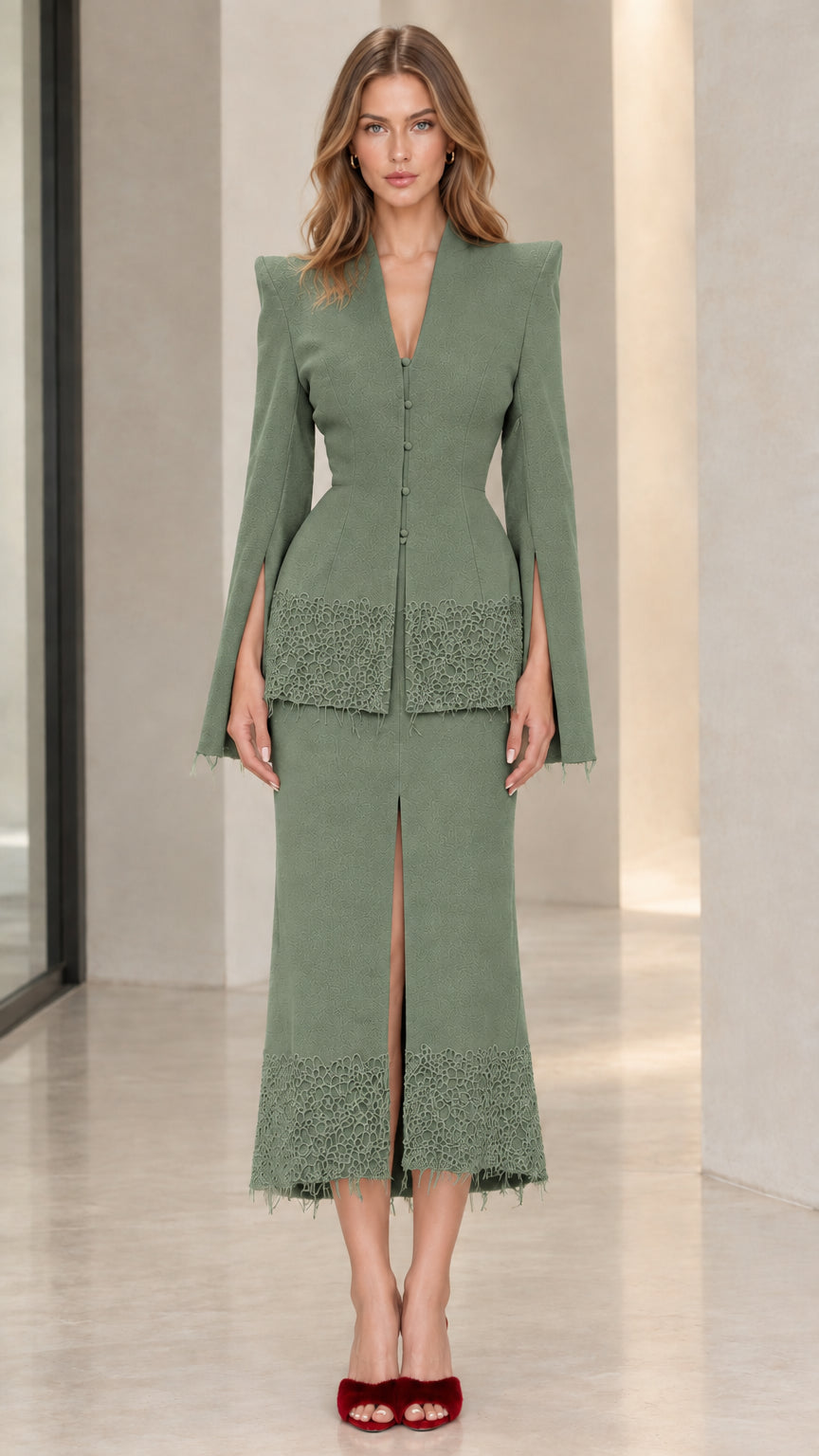 Front view of sage green tailored two-piece skirt suit with lace trim
