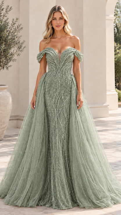 Sage green beaded sweetheart formal ball gown with draped sleeves