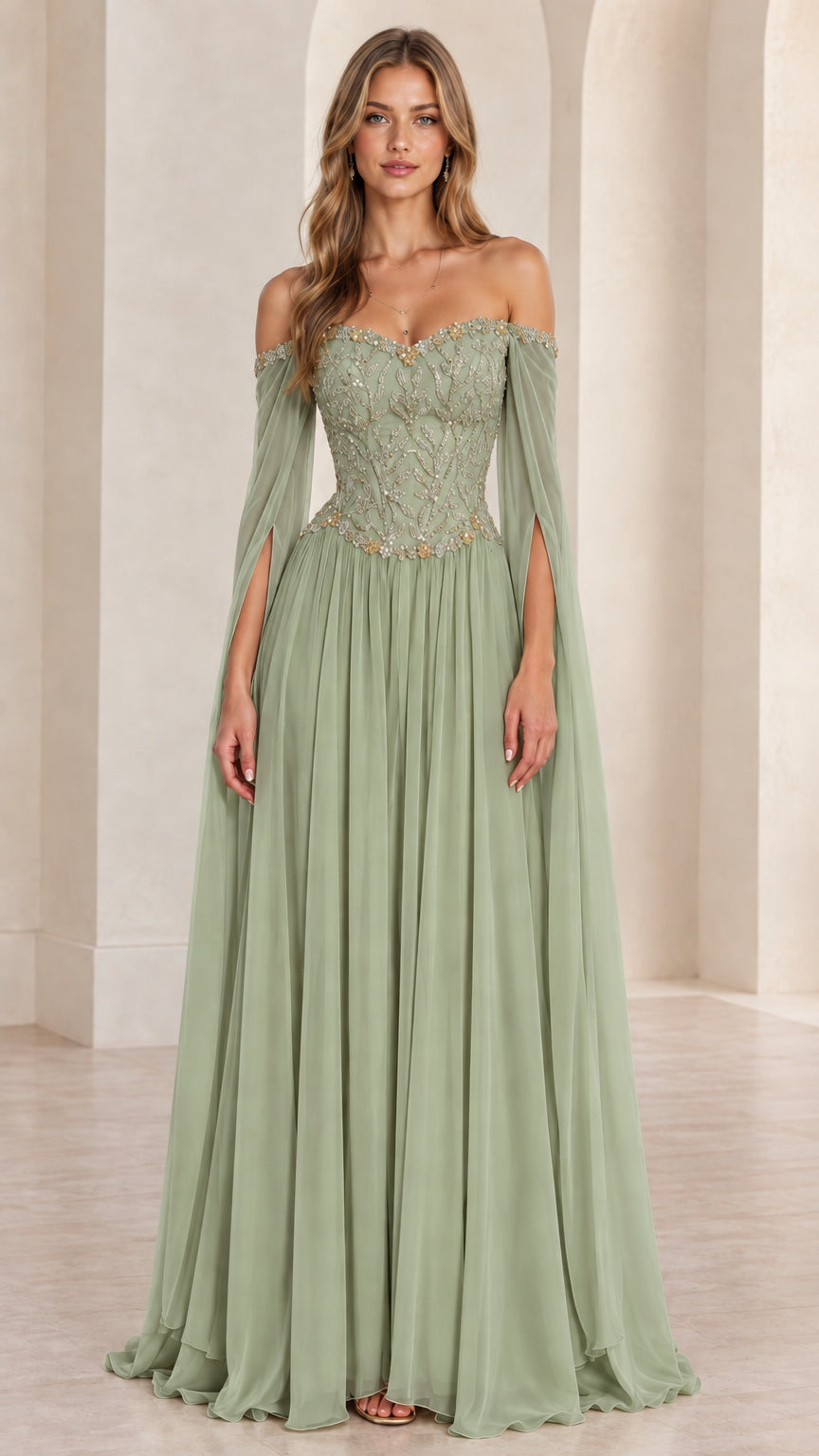 Sage Green A-line evening maxi gown featuring beaded corset and draped split sleeves