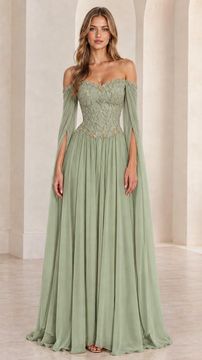 Sage Green A-line evening maxi gown featuring beaded corset and draped split sleeves