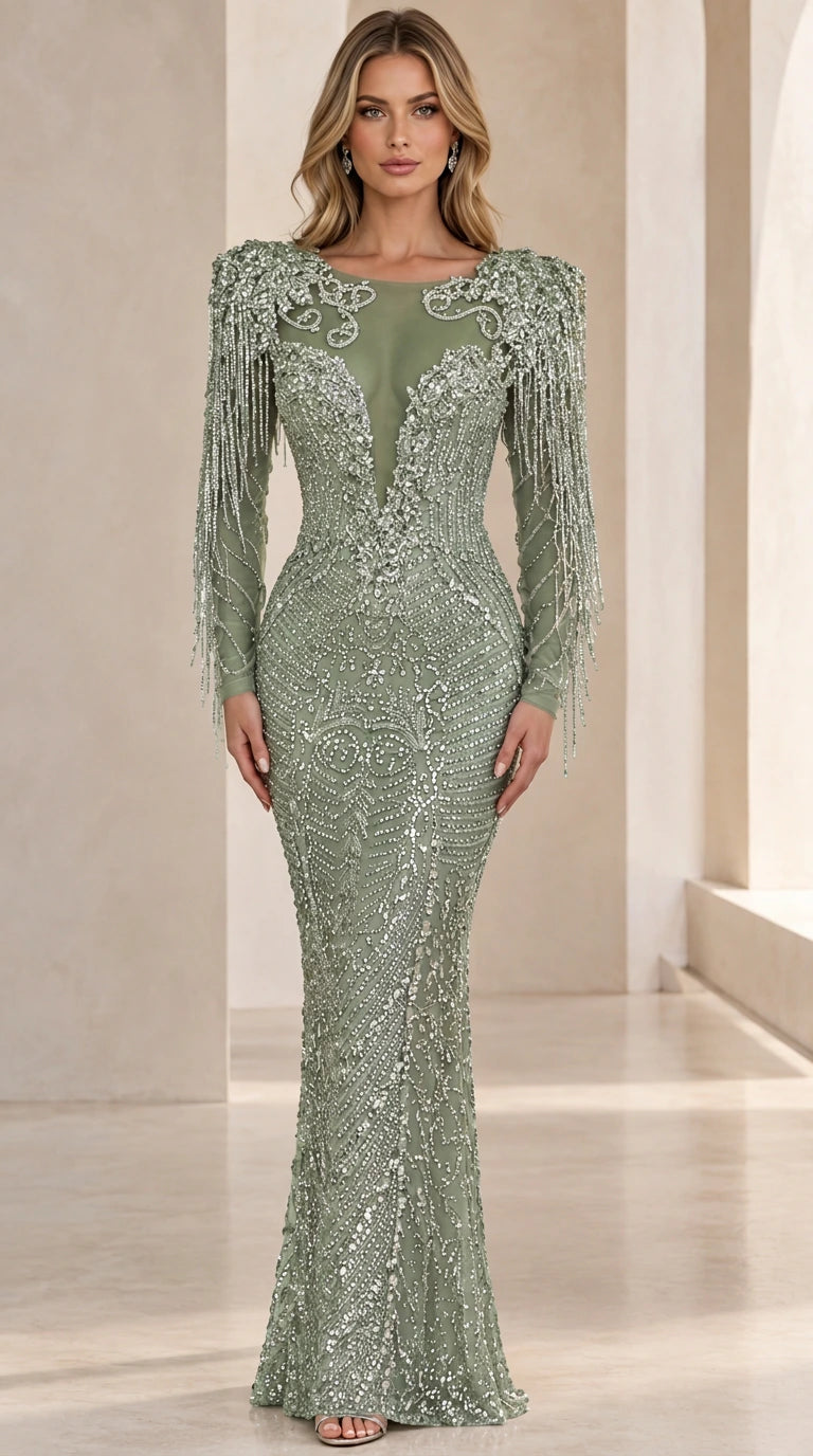 Front view of sage green beaded illusion neckline evening gown with fringe sleeves