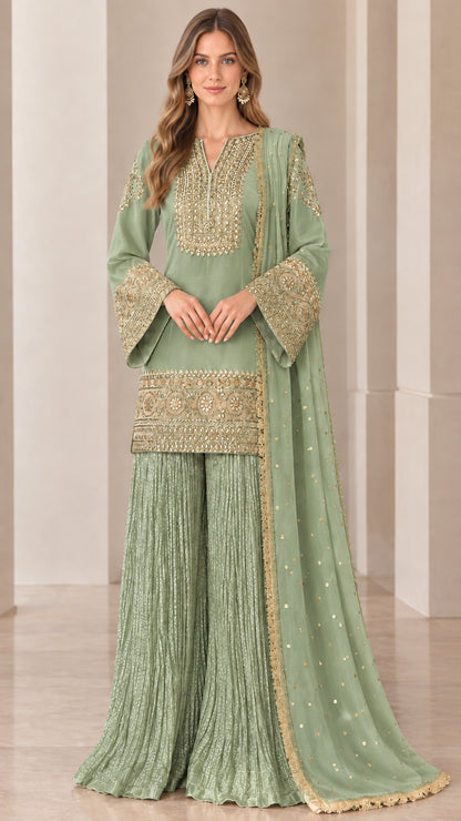 Sage Green gold-embroidered tunic and crinkle sharara 3-piece occasion suit