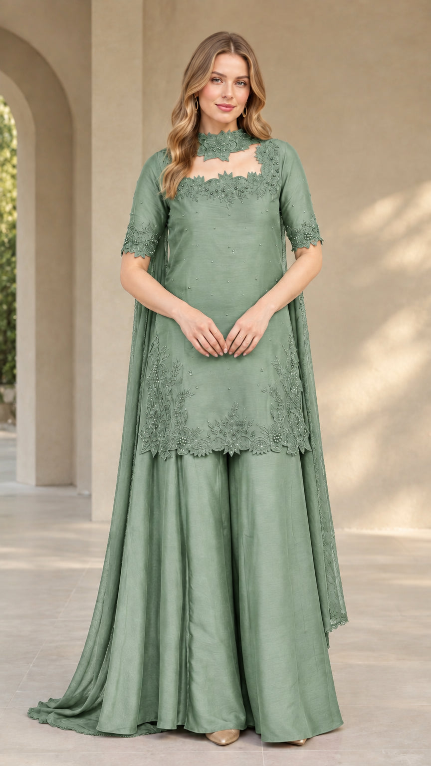 Front view of sage green embroidered tunic and wide-leg palazzo trousers set