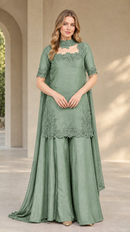 Front view of sage green embroidered tunic and wide-leg palazzo trousers set