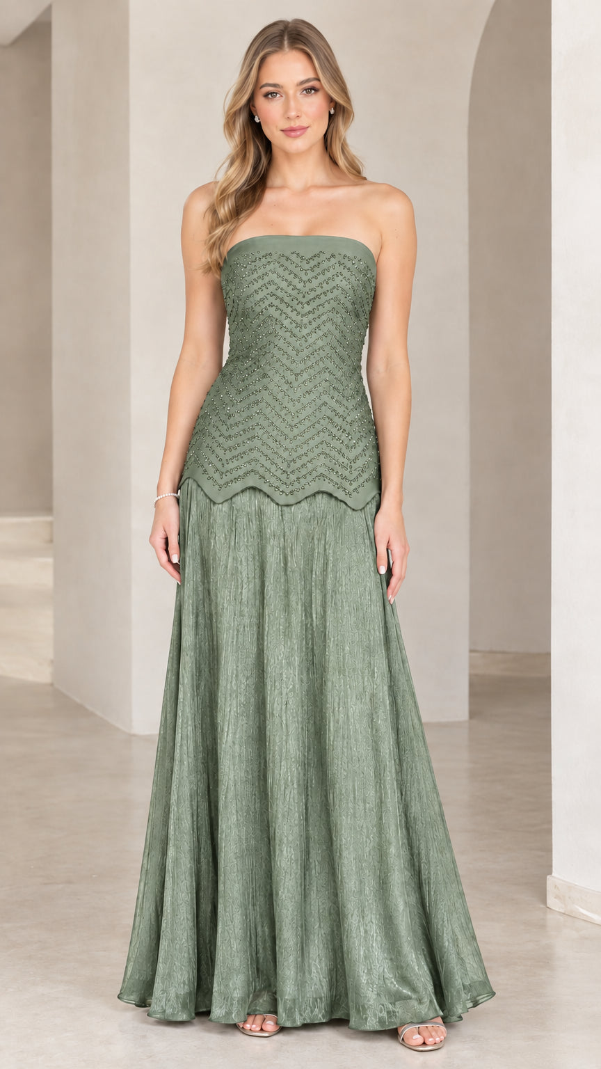 Full-length view of model in sage green strapless formal evening maxi dress