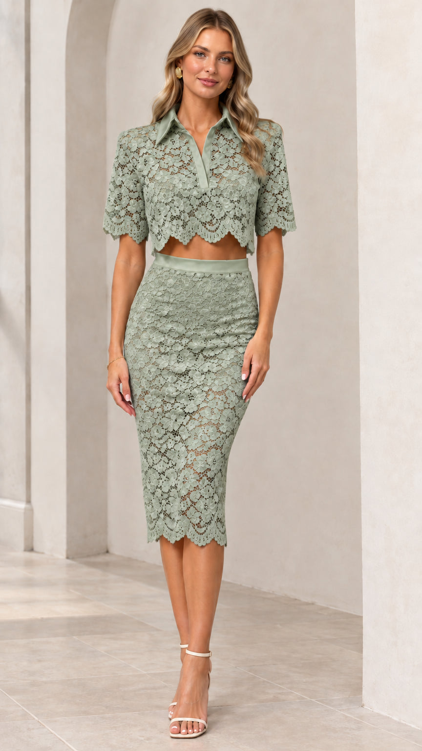 Sage green two-piece floral lace short sleeve top and midi skirt set